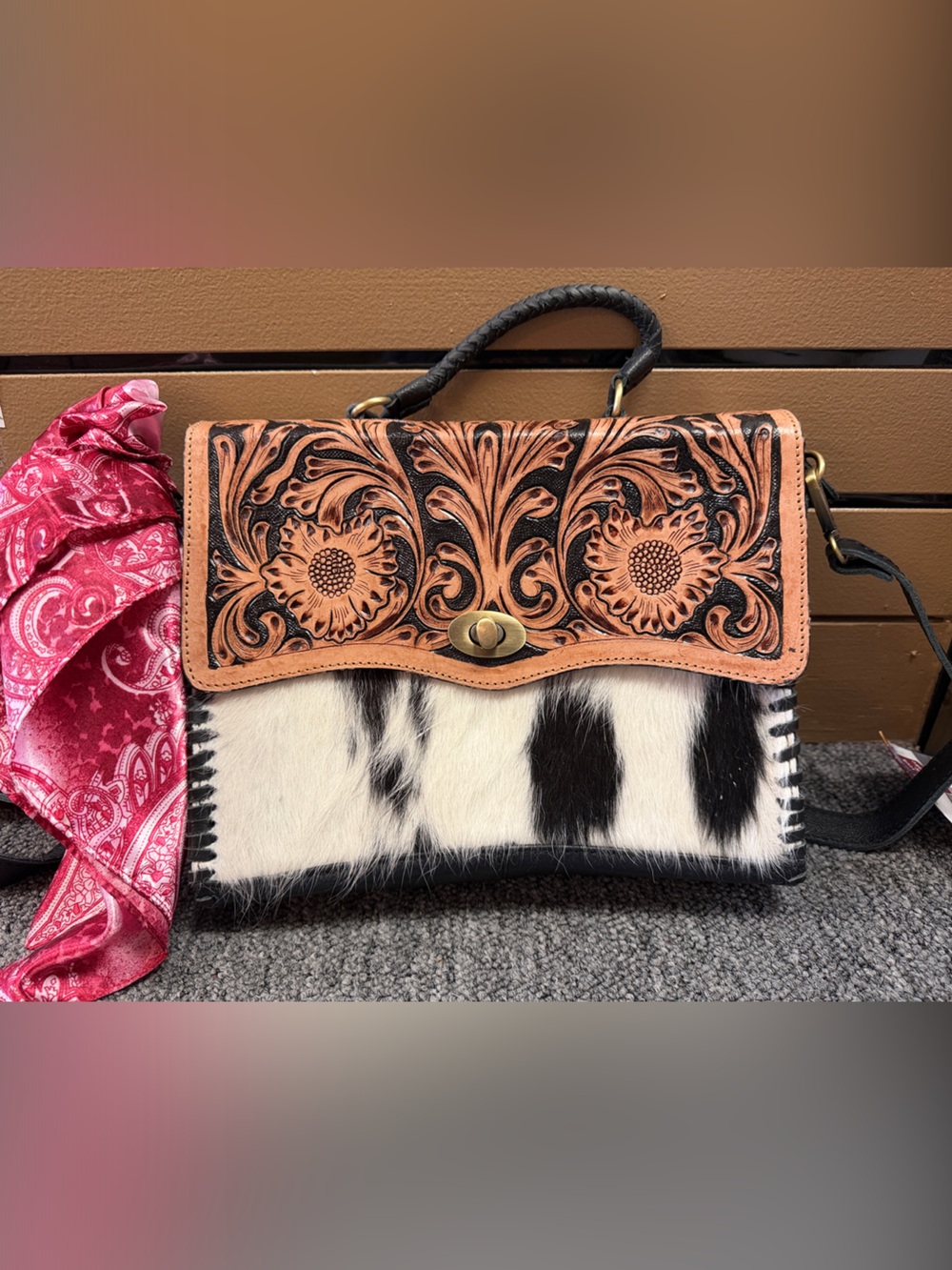 Countryside Co. Hand-Tooled Leather & Cowhide Women’s Crossbody Tan and Black
